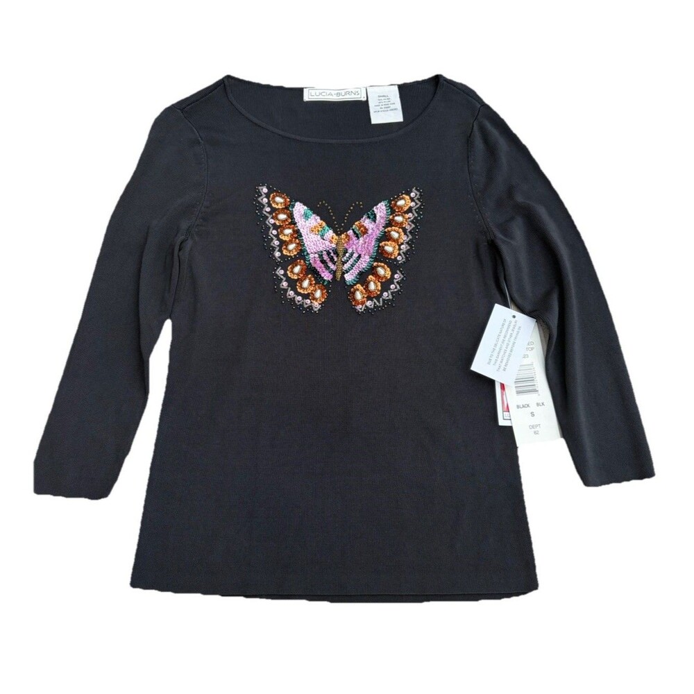Lucia Burns 90s Embellished Butterfly Top Black Small Ribbed Beaded Sequin